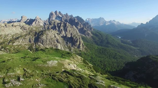 AERIAL VIEW: flight over National Park Tre Cime Di Lavaredo. Italian Dolomite