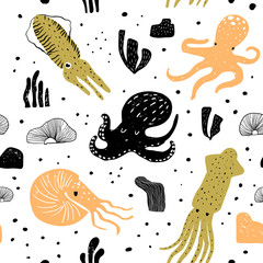 Seamless Pattern with Cute Octopus. Childish Underwater Creatures Background for Fabric Textile, Wallpaper, Wrapping Paper. Vector illustration