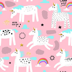Seamless Pattern with Magic Unicorns and Rainbow. Childish Fairytale Background for Fabric Textile, Wallpaper, Wrapping Paper, Decoration. Vector illustration