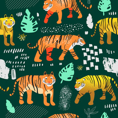 Fototapeta na wymiar Seamless Pattern with Cute Tigers in Jungle