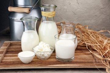 milk products. tasty healthy dairy products on a table on