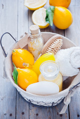 Wellness with Lemon, Lemon bath, Spa still life of organic soap, salt scrub,oil, Cosmetic cream, Shower gel and lemon