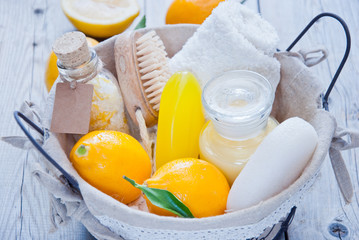 Wellness with Lemon, Lemon bath, Spa still life of organic soap, salt scrub,oil, Cosmetic cream, Shower gel and lemon