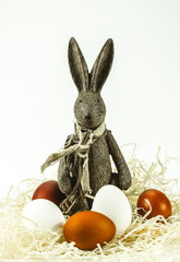 Easter bunny, holiday cake and eggs. Easter vintage postcard