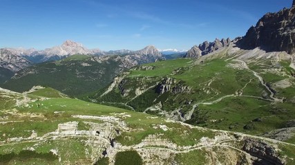 AERIAL VIEW: flight over National Park Tre Cime Di Lavaredo. Italian Dolomite