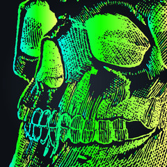 Sketch of tattoo - green neon skull vector, close-up