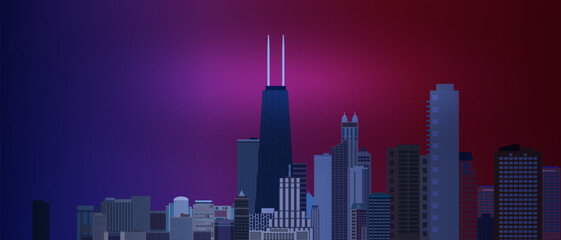 Fototapeta premium Chicago centrum biznesu i finansów tle obszaru z drapaczami chmur na tle niebieskim i czerwonym. Wspaniały widok na duże miasto w usa. Ilustracja wektorowa Eps10