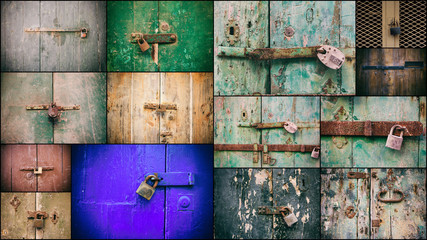 Locked doors with padlocks collage. Closed old rusty padlocks on weathered wooden doors
