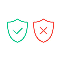 Thin line shields with check mark icons. Outline shields with green tick and red cross checkmarks flat line icons set. Vector illustration 