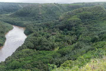 Picturesque Wailua River vista after a major rainstorm on Kauai, Hawaii