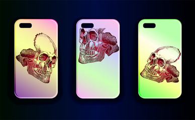 Collection of prints with skulls on the phone case. The layout is ready for printing. Neon gradient cover and detailed sketch of the skull.