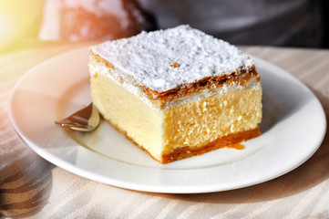 Traditional Slovenian dessert -  slice of cream cake called Kremna Rezina or Kremsnita.Bled lake,Slovenia,Europe