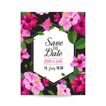 Wedding Invitation Template with Purple Hibiscus Flowers. Save the Date Floral Card for Greetings, Anniversary, Birthday. Botanical Design. Vector illustration