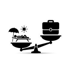 Work or vacation concept. Briefcase vs relax scale balance illustration. Concept of life and work balance. Vector illustration