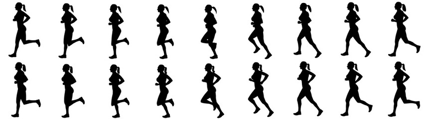 Girl Run Cycle Animation Sprite Sheet, jogging, Running, Silhouette