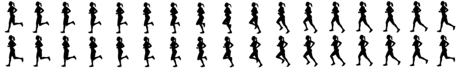 Fototapeta na wymiar Girl Run Cycle Animation Sprite Sheet, jogging, Running, Silhouette