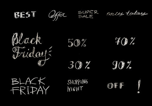 set of hand drawn sale lettering, typography. Retail promotion banner for discount offer or Black Friday clearance. Black and white