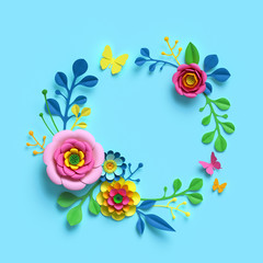 3d render, craft paper flowers, round floral wreath, botanical arrangement, blank space frame, bright candy colors, nature clip art isolated on sky blue background, decorative embellishment