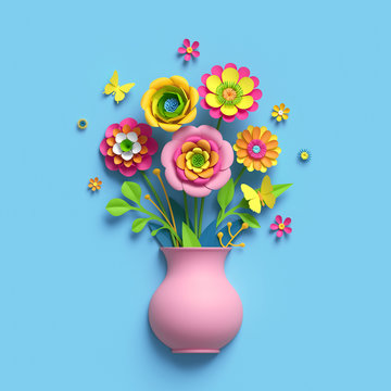3d render, craft paper flowers, pink vase, floral bouquet, botanical arrangement, bright candy colors, nature clip art isolated on sky blue background, greeting card template