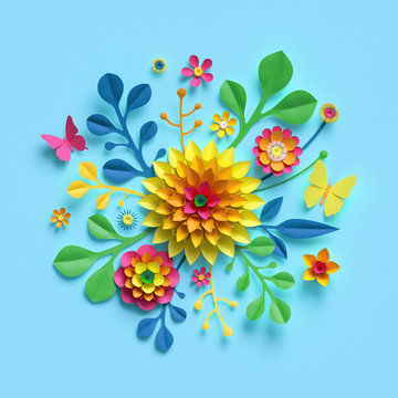 3d render, craft paper flowers, round floral bouquet, yellow dahlia, botanical arrangement, bright candy colors, nature clip art isolated on sky blue background, decorative embellishment