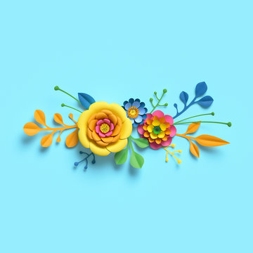 3d Render, Craft Paper Flowers, Festive Floral Bouquet, Horizontal Border, Botanical Arrangement, Bright Candy Colors, Nature Clip Art Isolated On Sky Blue Background, Decorative Embellishment