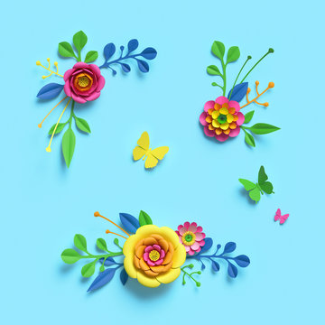 3d render, craft paper flowers, festive floral bouquet, clip art set, botanical arrangement, bright candy colors, nature design elements isolated on sky blue background, decorative embellishment