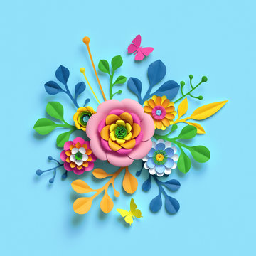 3d render, craft paper flowers, spring floral bouquet, botanical arrangement, bright candy colors, nature clip art isolated on sky blue background, decorative embellishment