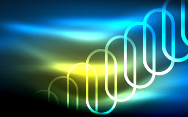 Naklejka premium Glowing ellipses dark background, waves and swirl, neon light effect, shiny vector magic effects