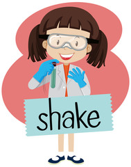 Flashcard for word shake with girl in lab costume