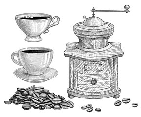 Set of coffee: beans, cups and coffee grinder.