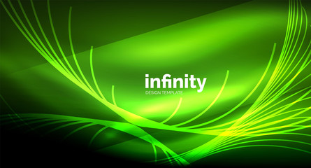 Abstract wave on dark background, shiny glowing neon digital background template