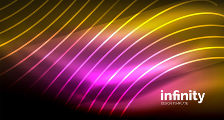 Abstract wave on dark background, shiny glowing neon digital background template