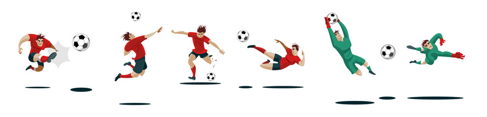 Soccer Players Kicking Ball and goalkeepers. Set Collection of different poses. © maxutov