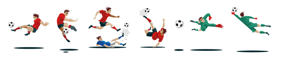 Soccer Players Kicking Ball and goalkeepers. Set Collection of different poses.