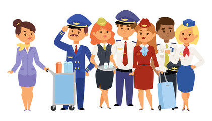 Pilots and stewardess vector illustration airline character plane personnel staff air hostess flight attendants people command.