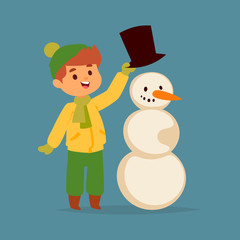 Christmas kid boy vector character playing winter games winter children holidays christmas snowman cartoon new year xmas kid