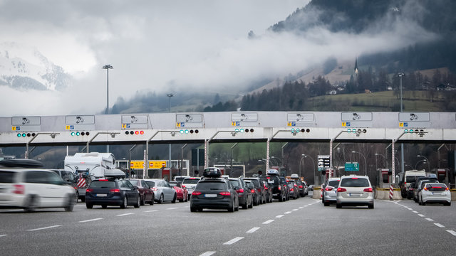 Traffic jam on toll gates, people traveling for holidays