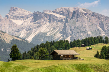 Fototapeta na wymiar Huts on the Alpe di Siusi with mountains in the background