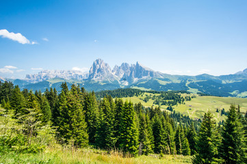 Panorama view from alp of Siusi, near Ortisei, Dolomites, Italy.