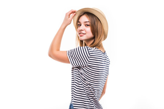 people, style and fashion concept - happy young woman or teen girl in casual clothes and hipster hat having fun isolate on white