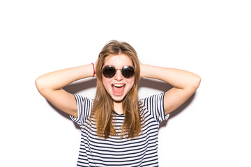 portrait of hipster girl in sunglasses, casual clothes isolated on white background
