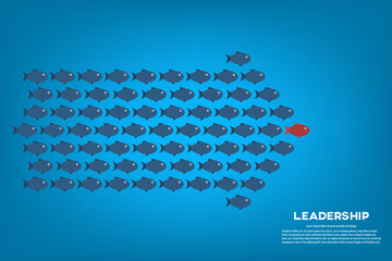 Red fish as a leader among others, leadership, teamwork, motivation, stand out of the crowd concept, EPS10 vector