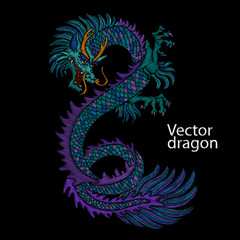Embroidery of Chinese dragon. Classical embroidery asian blue dragon. Japanese dragon. Vector art with dragons for t-shirt designs. Clothes, textile design template, tattoo sketch