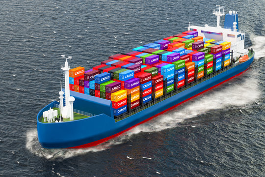 Freighter ship with cargo containers sailing in ocean, 3D rendering