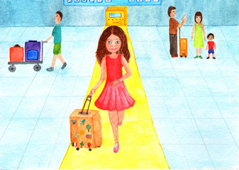 Girl at the airport is boarding a plane. Watercolor illustration. Girl in a red dress goes on boarding a plane. Traveling begins.