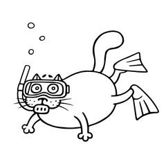 Cat with mask of a diver. Vector illustration.