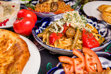 dishes of Uzbek cuisine lagman, pilaf