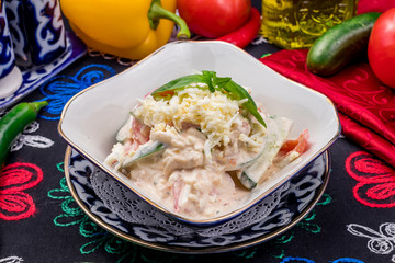 Shopska salad on bowl