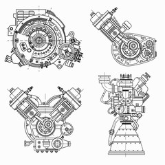 Fototapeta Set of drawings of engines - motor vehicle internal combustion engine, motorcycle, electric motor and a rocket. It can be used to illustrate ideas of science, engineering design and high-tech obraz