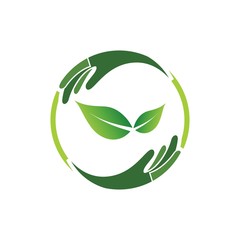 green recycle logo design with hand and leaf